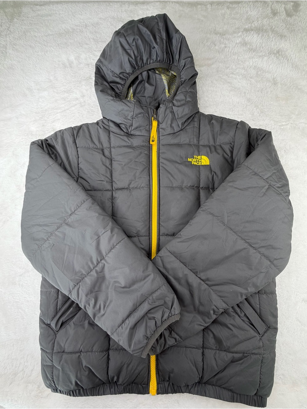 The North Face Gray Puffer Jacket with Yellow Accents